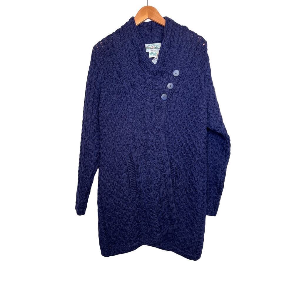 Aran Crafts 100% Merino Wool Cable Knit Coatigan in Navy Blue Women’s Large